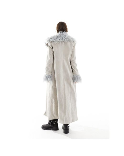 Reclaimed (vintage) Gray Limited Edition Longline Real Suede Coat With Fur Trim