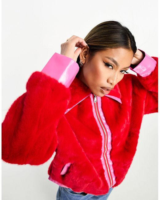Jayley Red Faux Fur Bomber With Faux Leather Trims