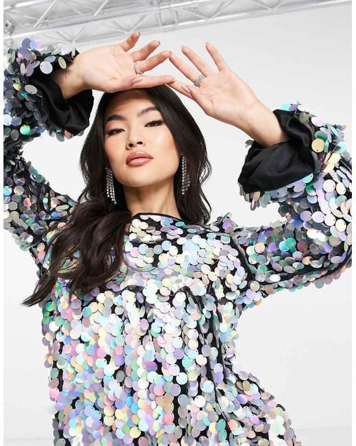 naanaa sequin dress NaaNaa sequin long sleeve dress with tie detail in teal