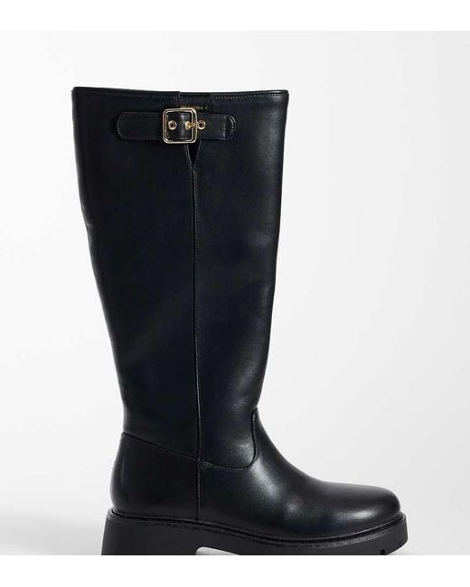 London Rebel Black Trista Chunky Knee Boots With Buckle Details