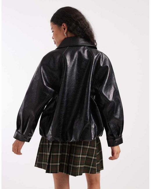 ASOS Black Asos Design Petite Leather Look Oversized Bomber Jacket