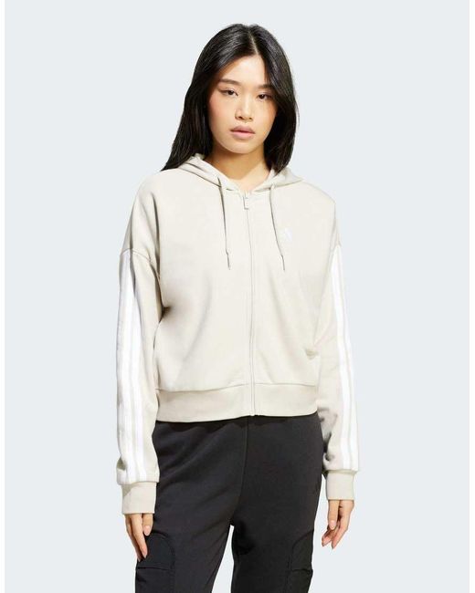 Adidas Originals White Essentials 3-Stripes French Terry Full-Zip Hoodie