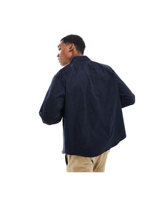 Armani Exchange Blue Logo Label Pocket Zip Front Loose Fit Overshirt for men