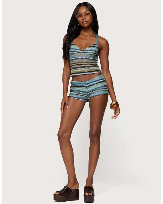 Edikted Blue Zigzag Stripe Shorts