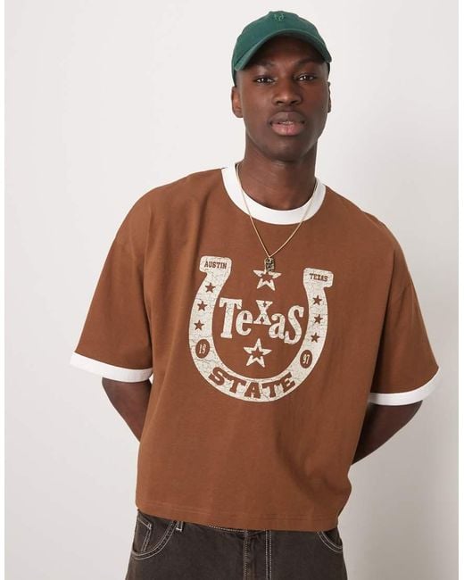 ASOS Brown Cropped Oversized Ringer T-Shirt With Western Graphic for men