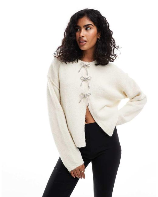 ASOS White Crew Neck Oversized Cardigan With Diamante Bow Buttons