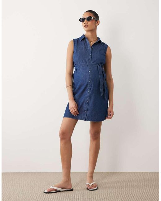 Mama.licious Blue Mamalicious Maternity Sleeveless Tie Waist Button Front Denim Mini Dress