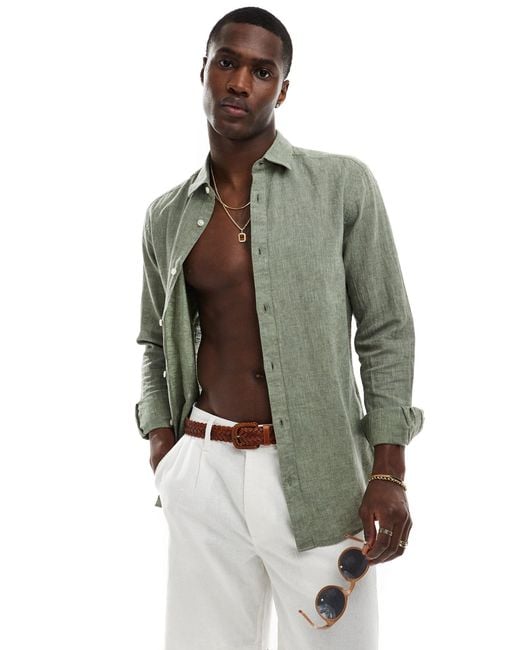 Only & Sons Gray Linen Mix Long Sleeve Shirt for men