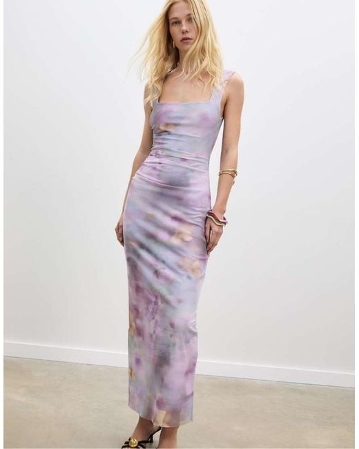 Stradivarius Purple Printed Tulle Long Dress