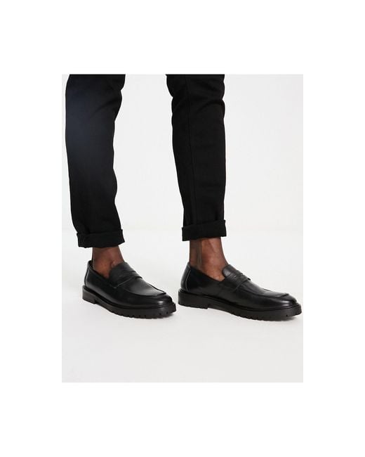 River Island Black Leather Chunky Sole Loafers for men