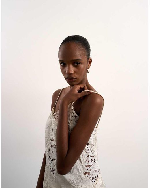 TOPSHOP Natural Crinkle Satin Top With Lace Inserts