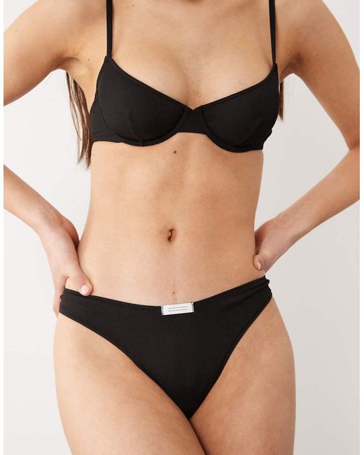 ASOS Natural Nora Rib Knit High Leg Thong With Tab Detail