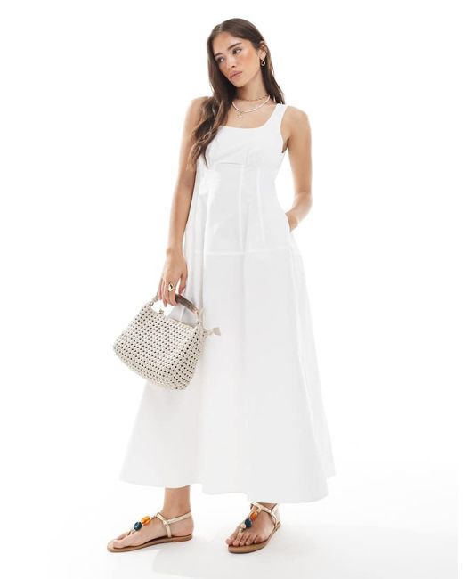 Vero Moda White Cotton Poplin Midi Dress With Cinched