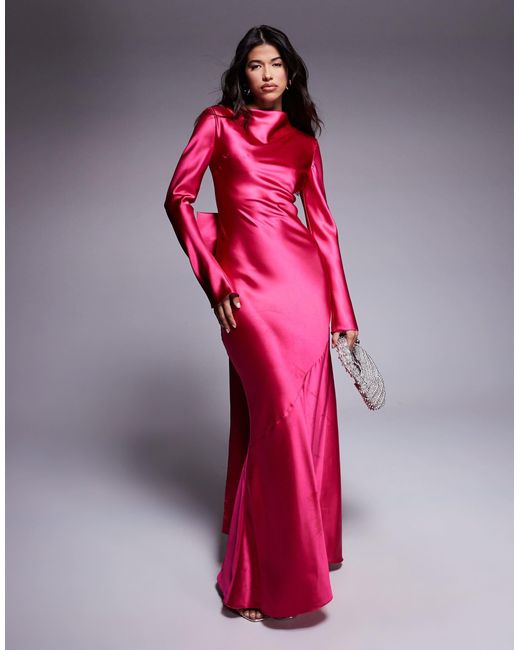 DASKA Pink Satin Maxi Dress With exaggerated Bow Back