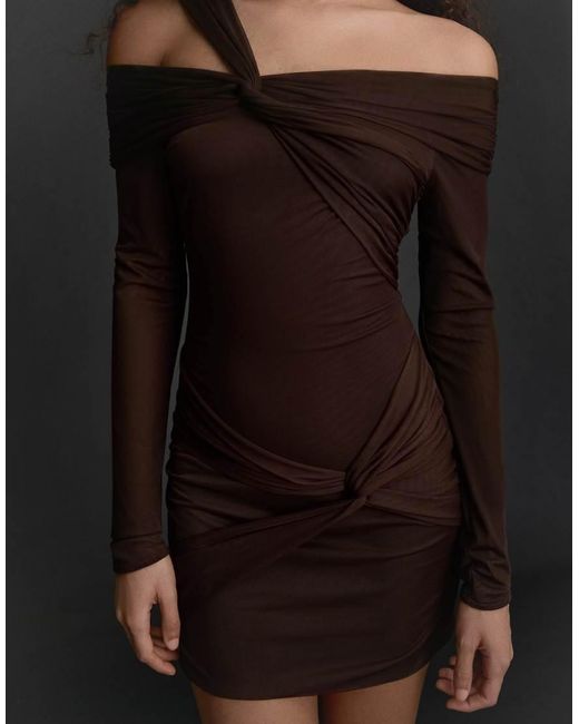 Bershka Black Tulle Long Sleeve Mini Dress With Knots