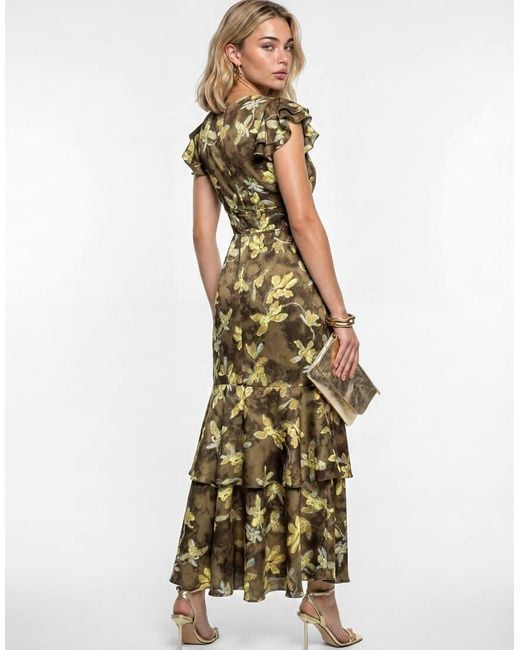 Lovedrobe Green Floral Flutter Sleeve Tiered Midaxi Dress