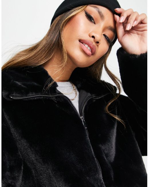 French Connection Black Faux Fur High Neck Bomber Jacket