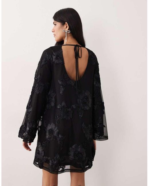 Gina Tricot Black Long Wide Sleeve Sleeve Flowy Mini Dress With Open Back