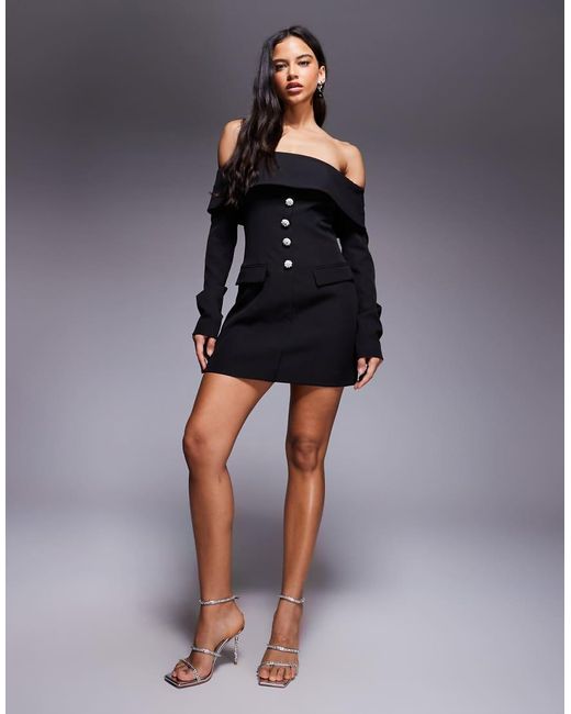 Kaiia Black Exclusive Bardot Foldover Tailored Long Sleeve Diamante Button Detail Mini Dress