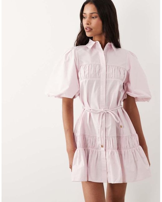 ASOS Pink Shirt Mini Dress With Puff Sleeve And Tie Detail