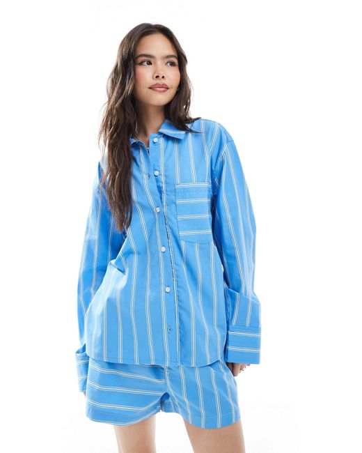 ASOS Blue – oversize-hemdbluse aus baumwoll-popeline mit farblich abgesetzten streifendetails