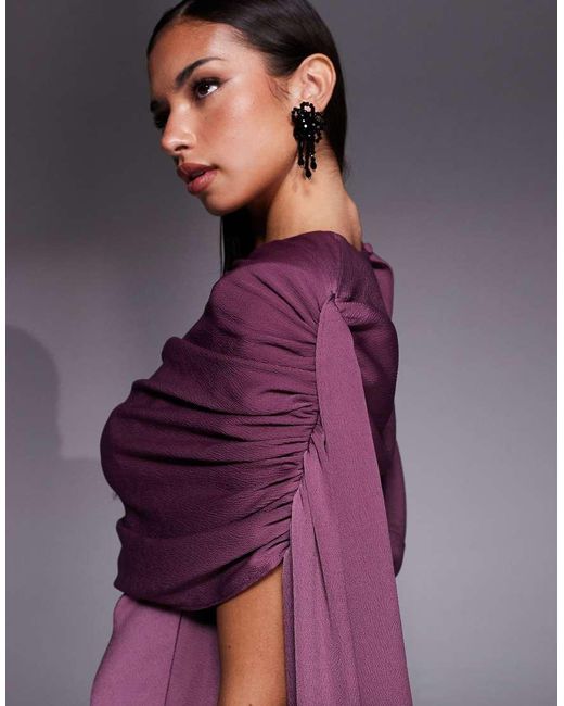 ASOS Purple Satin Shoulder Pad Mini Dress With Ruched Bodice Overlay And Side Sash Details