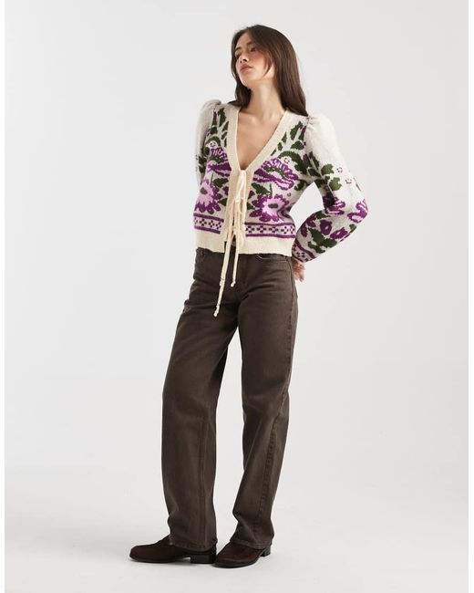 Miss Selfridge Multicolor Puff Sleeve Floral Tie Front Cardigan