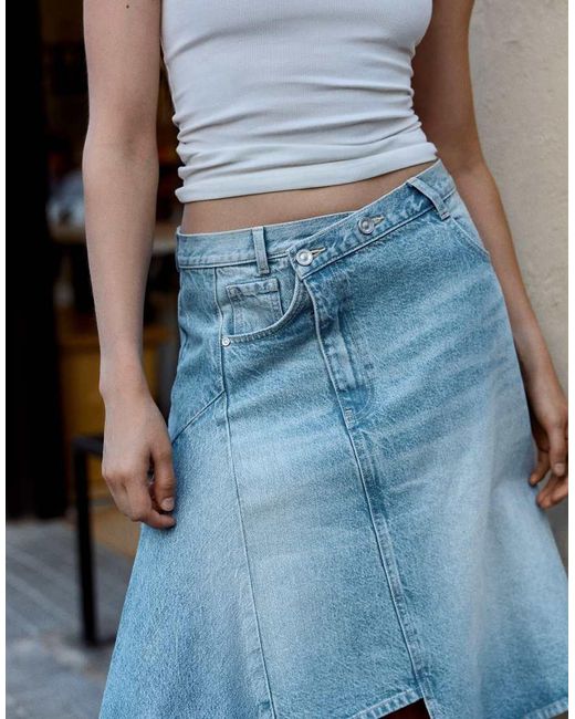 Bershka Blue Asymmetric Denim Midi Skirt