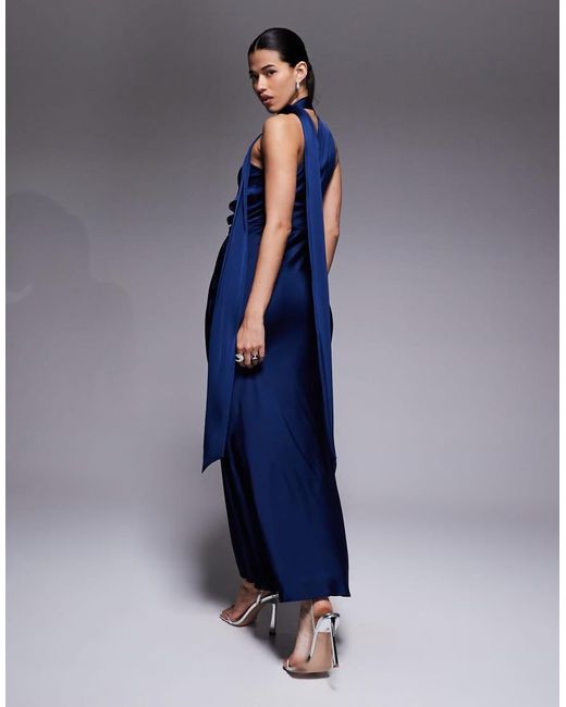 Aria Cove Blue Satin Ruched Side Scarf Detail Maxi Dress