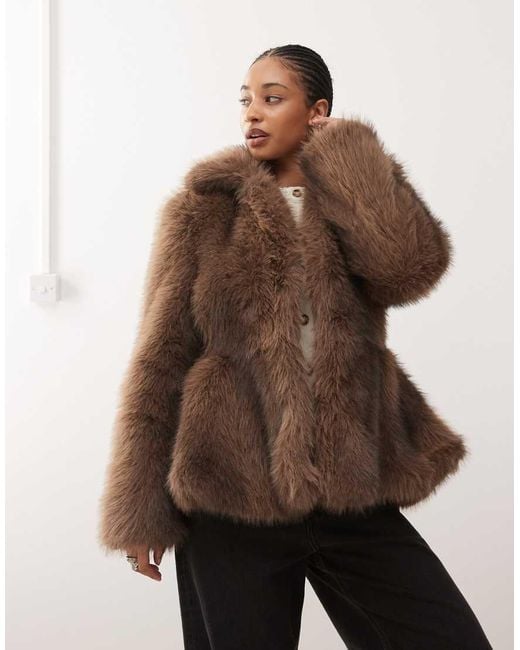 Monki Brown Faux Fur Jacket With Peplum Hem