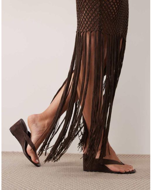 Kaiia Brown Exclusive Premium Halterneck Crochet Tassel Hem Maxi Dress