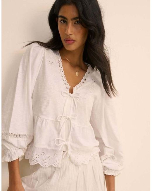 Nobody's Child Natural Embroidered Tie Front Blouse