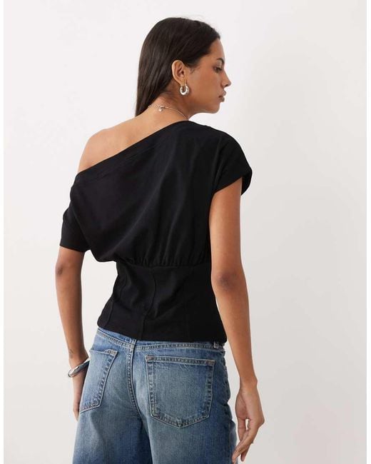 ASOS Black Fallen Shoulder With Cinched Waist Top