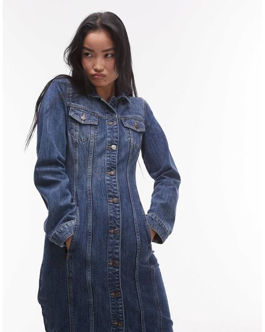 TOPSHOP Blue Denim Long Sleeve Maxi Dress With Cinch Adjuster