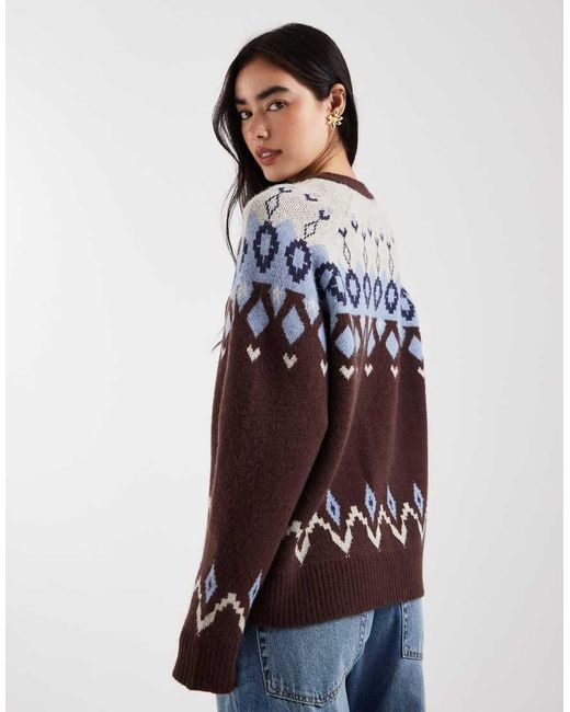 Daisy Street Brown Fair Isle Zip Up Graphic Jumper