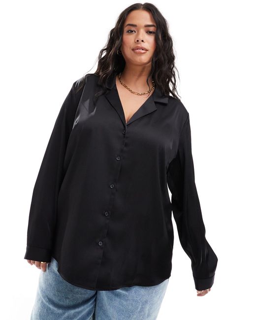 ASOS Black Asos Design Curve Relaxed Satin Long Sleeve Shirt