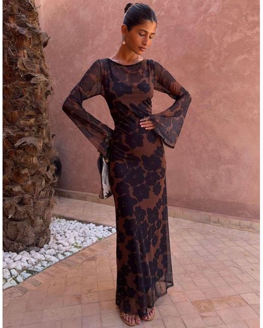 Never Fully Dressed Brown Mesh Long Sleeved Crew Neck Maxi Dress