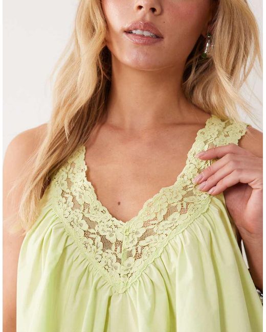 ASOS Green Asos Design Petite V Neck Smock Poplin Mini Dress With Lace Overlay