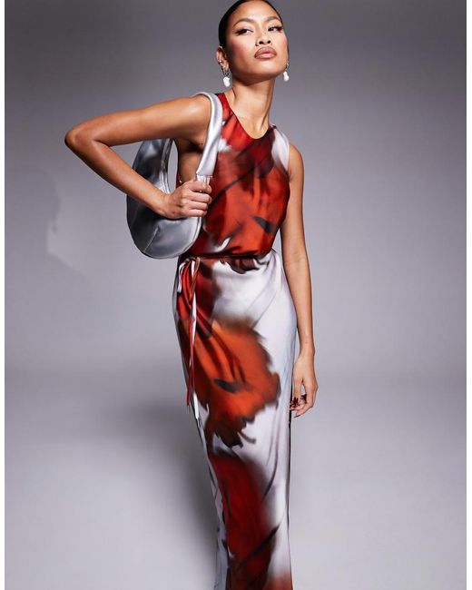 River Island Red Floral Printed Slip Midi Dress