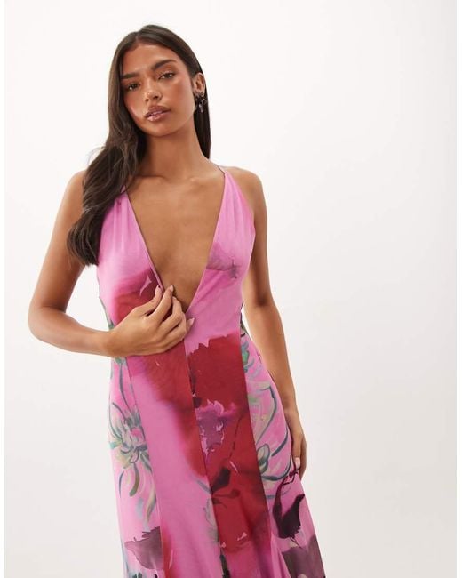 ASOS Pink Printed Mesh Plunge Maxi Dress