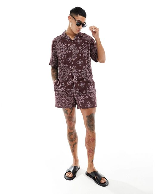 ASOS Brown Co-ord Relaxed Revere Shirt With Bandana Print for men