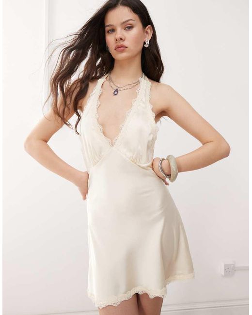 Lioness Natural Stars Align Satin Lace Trim Halterneck Plunge Mini Slip Dress