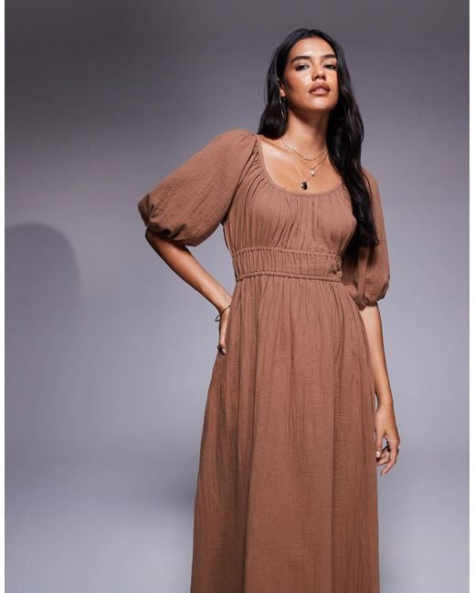 Robe mi-longue en aspect lin à manches bouffantes - taupe River Island en coloris Brown