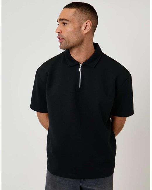 Threadbare Black Oversized Quarter Zip Polo Shirt for men