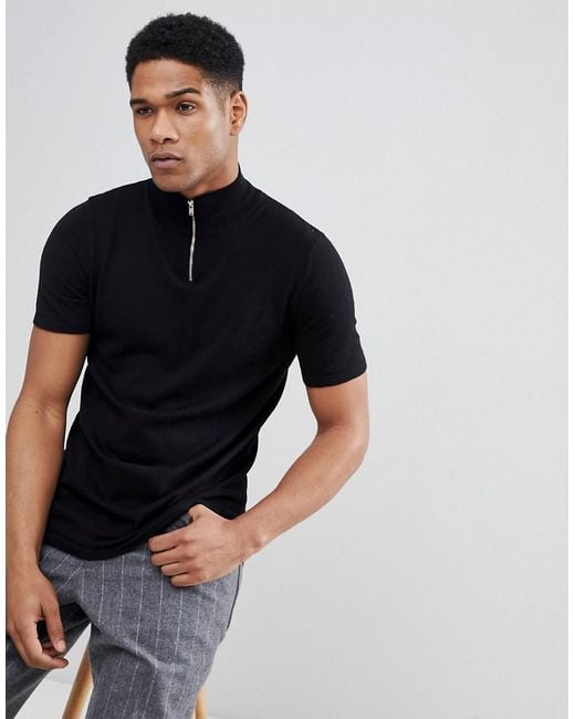 ASOS Knitted Turtleneck T-shirt With Zip In Black for Men | Lyst UK