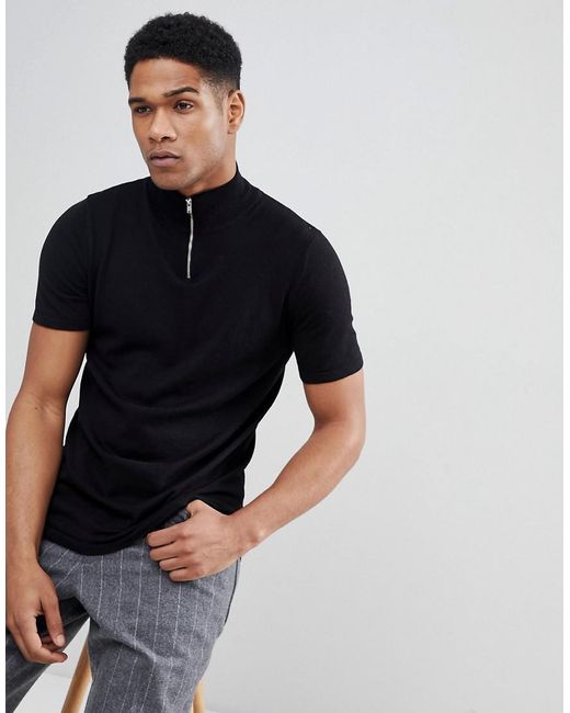 ASOS Knitted Turtleneck T-shirt With Zip In Black for Men | Lyst