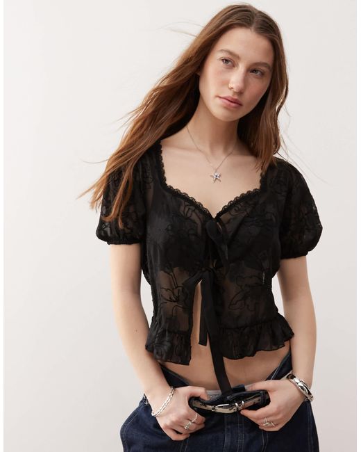 Reclaimed Vintage Women's Black Cotton Lace Insert Tie Front Blouse