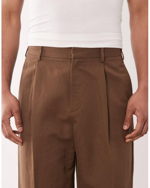 ASOS Natural Pleated Linen Rich Wide Leg Dress Pants for men