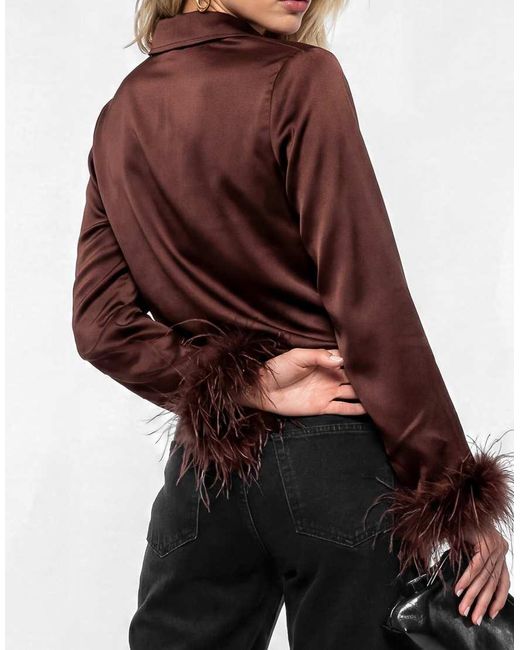 Lovedrobe Red Feather Cuffs Chocolate Satin Shirt