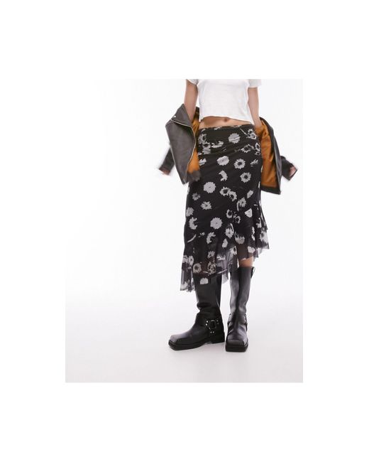 Falda midi monocromática con estampado floral y volante TOPSHOP de color Black